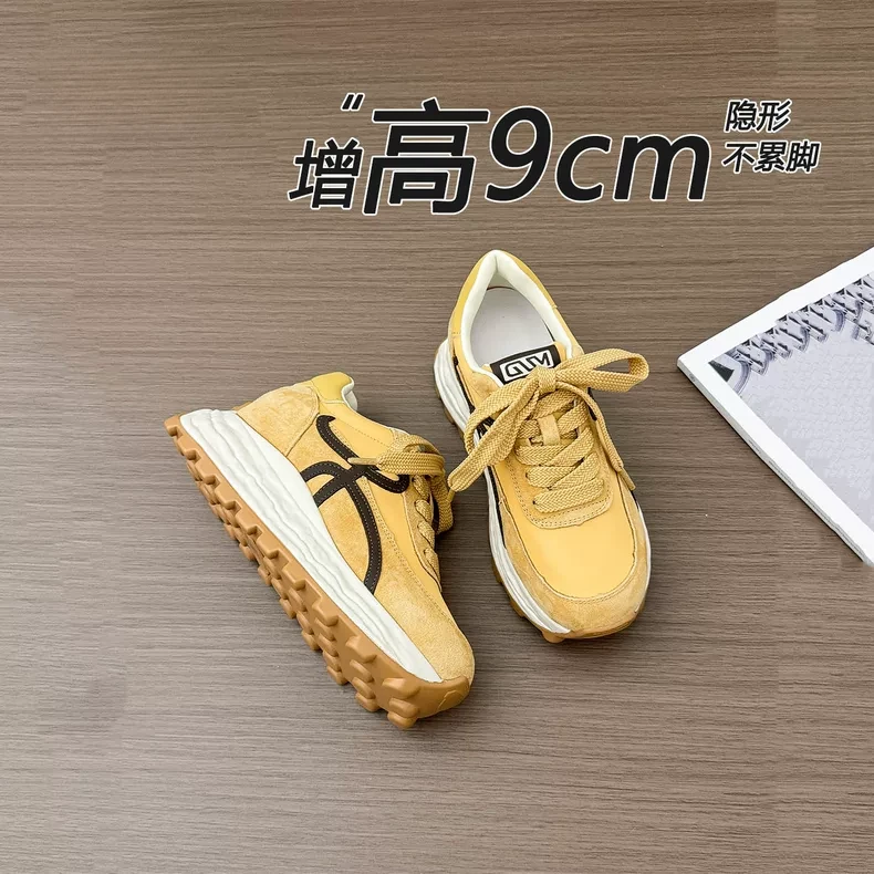 真皮9cm厚底复古德训鞋女2025秋新款内增高运动阿甘鞋小码矮子乐