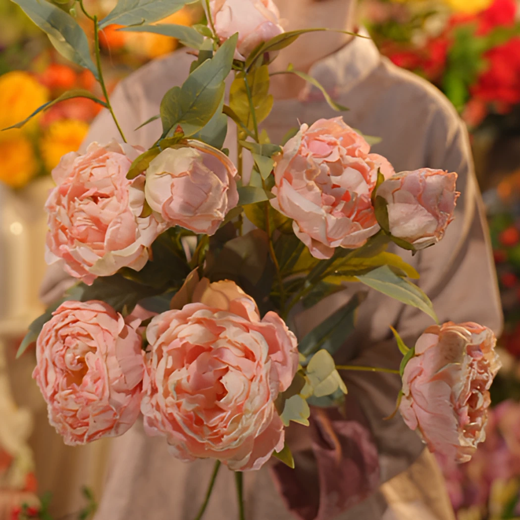 粉色牡丹 焦边牡丹花 仿真花三头干枯牡丹高级感餐桌花大支客厅花