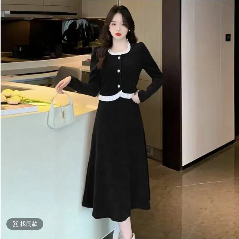 小香风木耳边时尚套装秋季新款修身显瘦上衣百搭两件套2833#