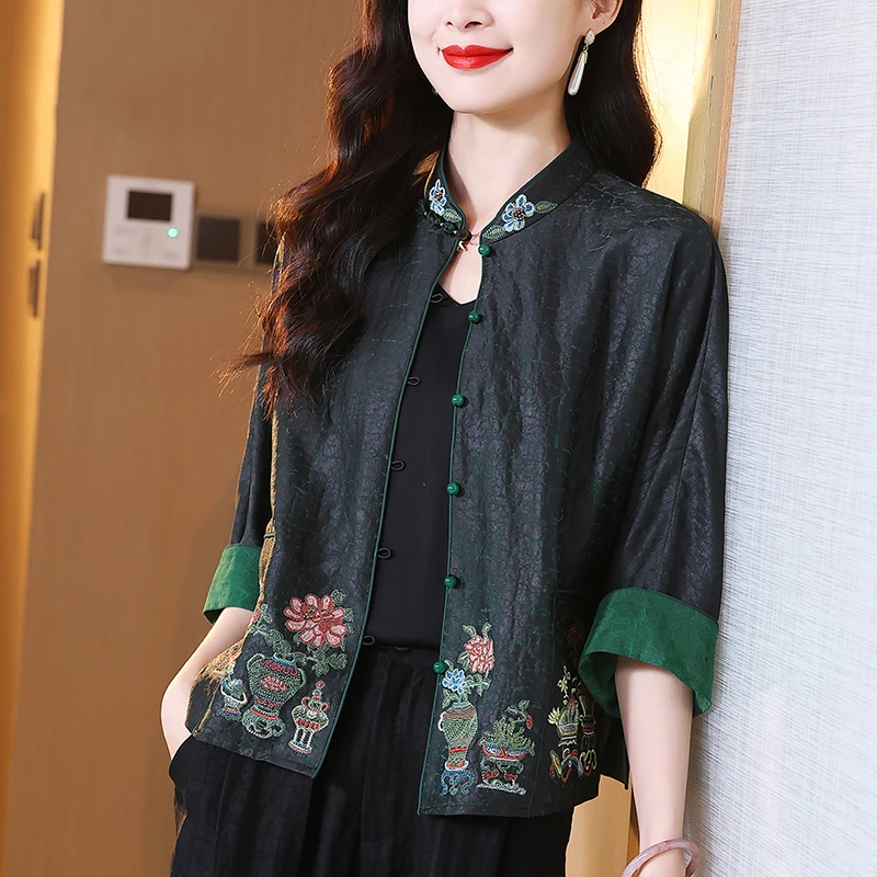中国风桑蚕丝提花上衣龟裂纹香云纱显瘦短款女装春季百搭立领外套