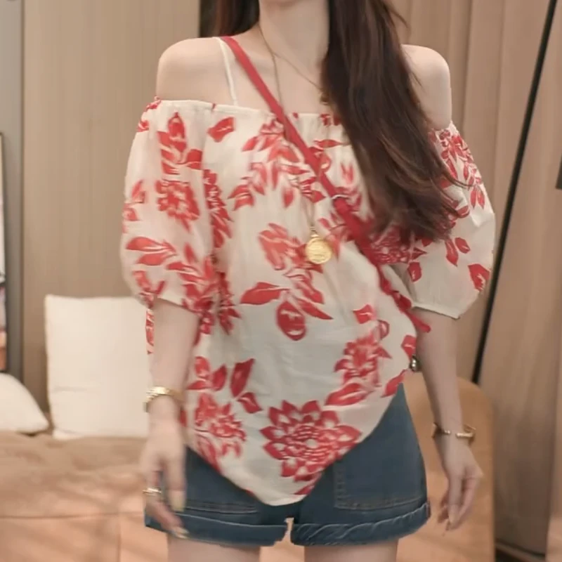 夏季新款碎花法式宽松型薄款宽松气质一字肩小衫LK2503309