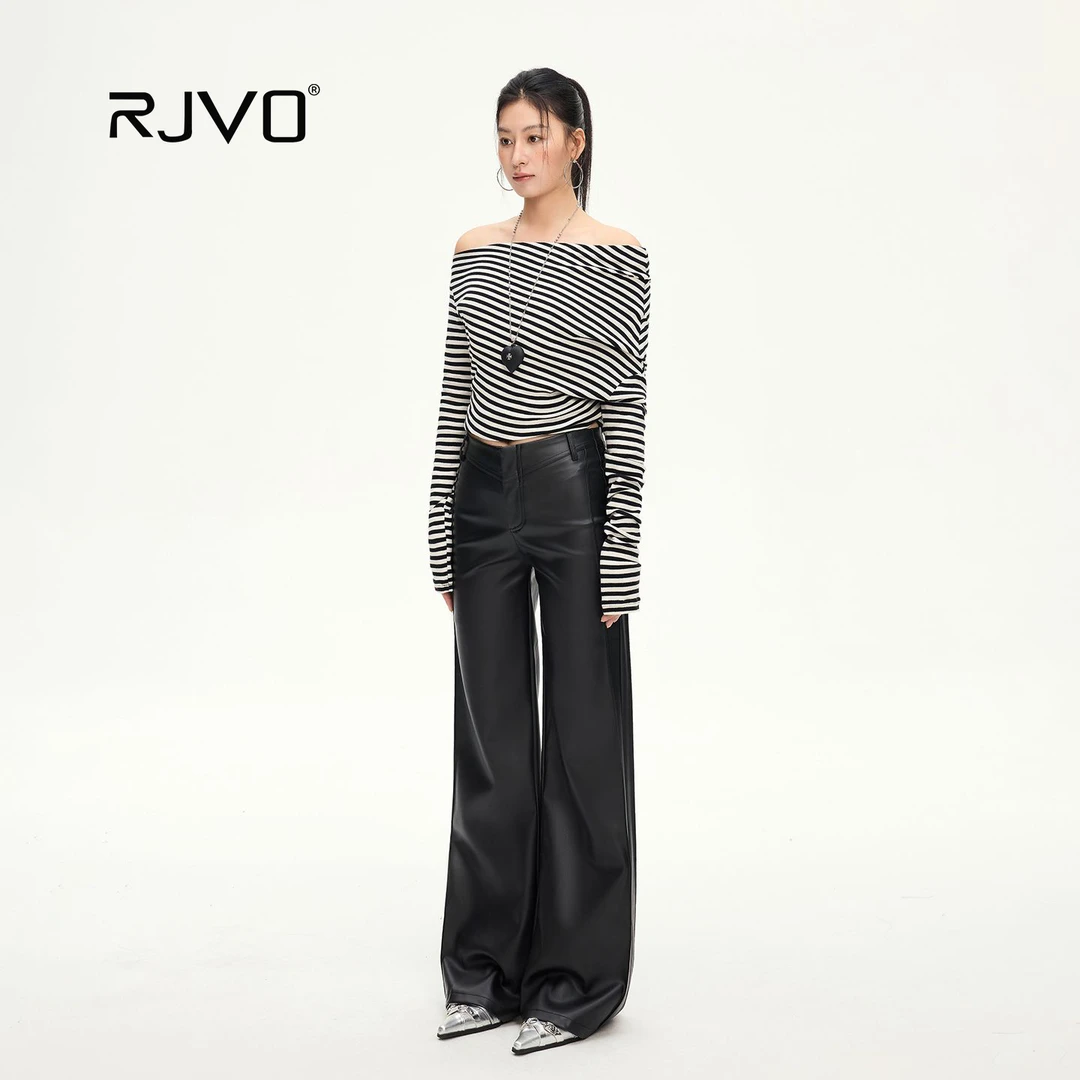 RJVO美式复古黑色PU皮裤微喇显瘦百搭修身遮肉休闲裤子