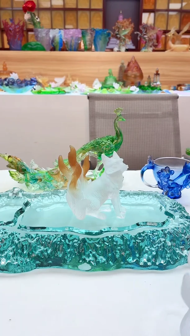 手工艺品琉璃琥珀色幸福狐狸摆件10*9*8公分