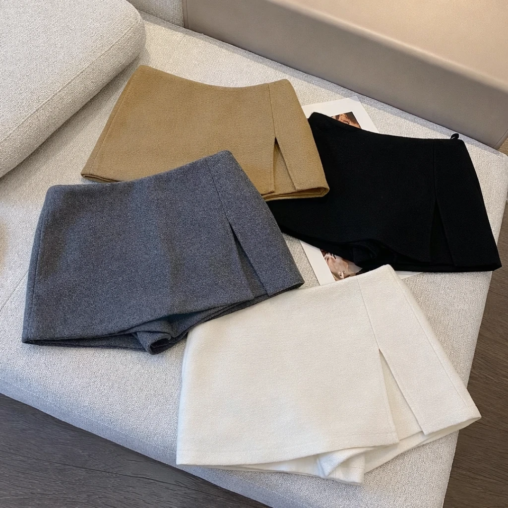 时尚设计感双层开叉毛呢半身裙女秋冬款高腰显瘦防走光A字包臀裙