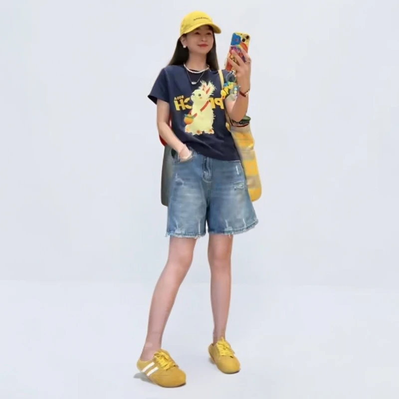 秋季新款高腰显瘦直筒破洞宽松百搭气质小众设计感简约慵懒风裤子