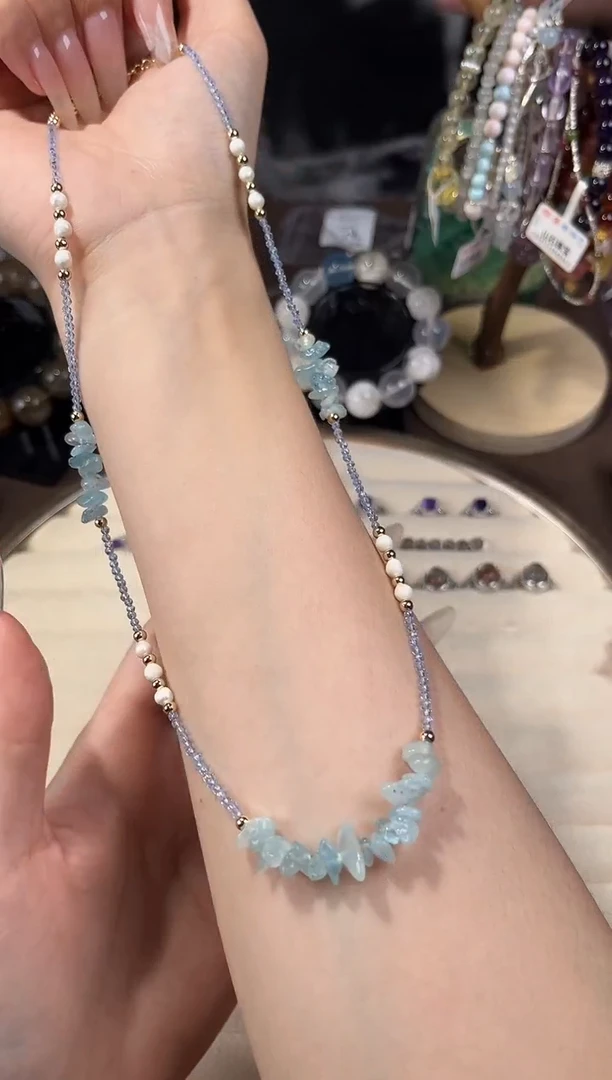 海蓝宝石项链未镶嵌海蓝宝碎石珠珠锁骨链