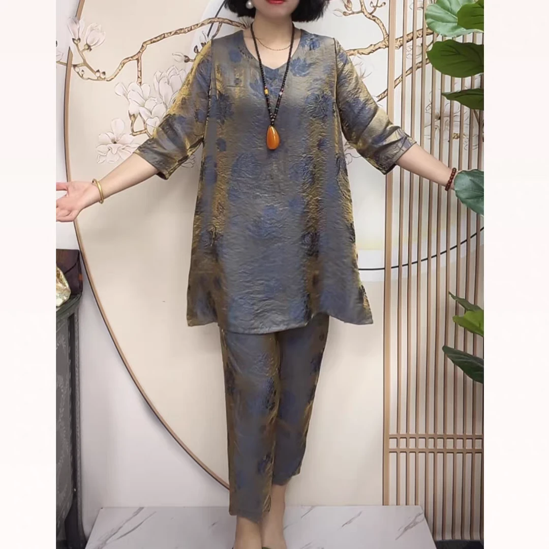 夏季洋气高档七彩丝光锦上衣阔腿裤套装