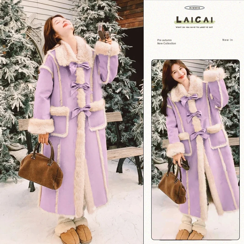 冬季加厚保暖遮肉毛绒绒外套温柔清纯感蝴蝶结皮毛一体长款大衣女