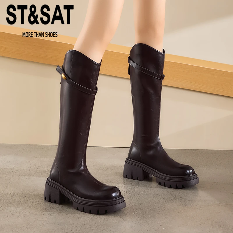 星期六V口长筒靴骑士靴女2025新款秋季厚底增高显瘦长靴子马丁靴