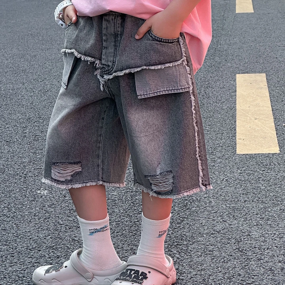 男童裤子2025夏季新款儿童百搭宽松休闲破洞牛仔裤七分裤韩版潮帅