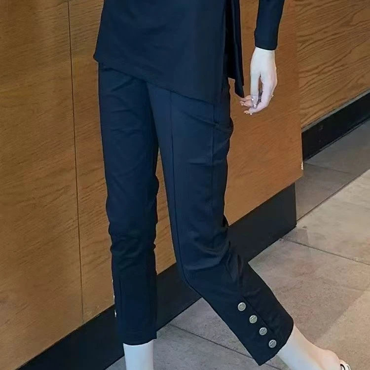 〖猫姐衣橱〗夏季新款时尚薄款弹力冰丝金属扣烟管裤