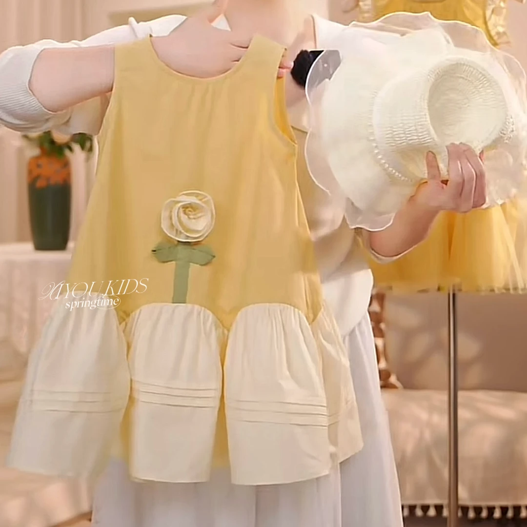 2025夏季女童新款韩版立体花无袖洋气背心裙甜美棉布连衣裙25062