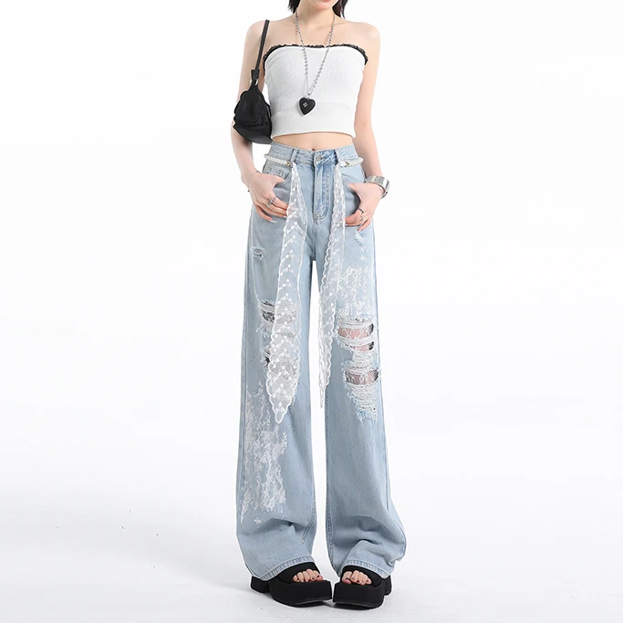 韩版破洞蕾丝阔腿牛仔裤女2025年夏季新款洋气设计感宽松直通裤子