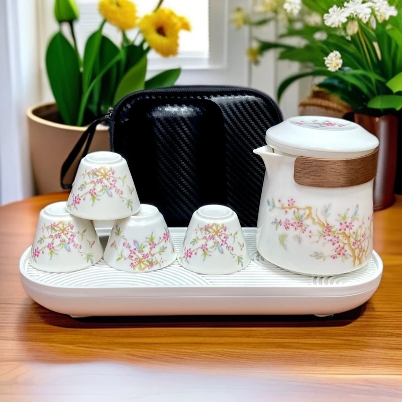 ZH3684-紫藤花手抓壶一壶四杯旅行快客+密胺白色小茶盘户外