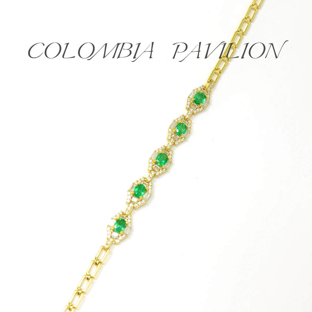 9407-S925银-天然祖母绿手链-金链锁翠-3.5mm*4.5mm*5颗