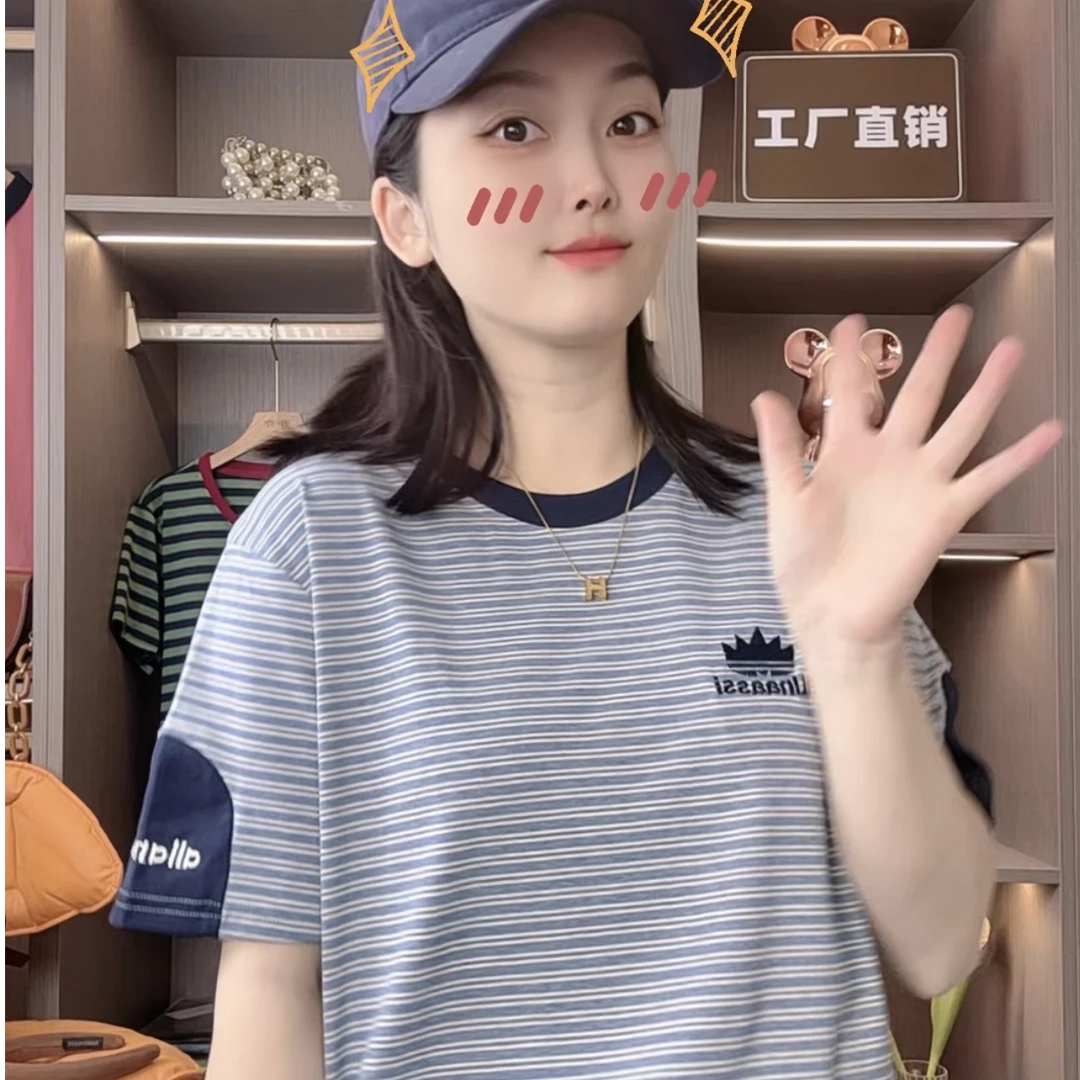 【LANO】潮牌洋气设计拼色条纹正肩棉上衣短袖T恤女