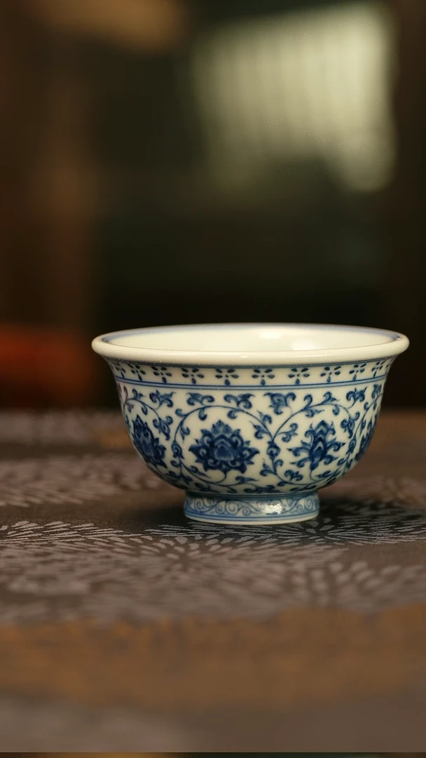 中式扔**头仿明青花缠枝莲双狮压手杯