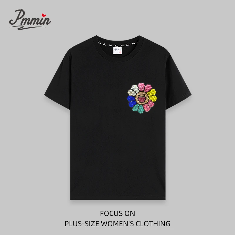 pmmin【太阳花】大码设计潮牌烫钻短袖T恤