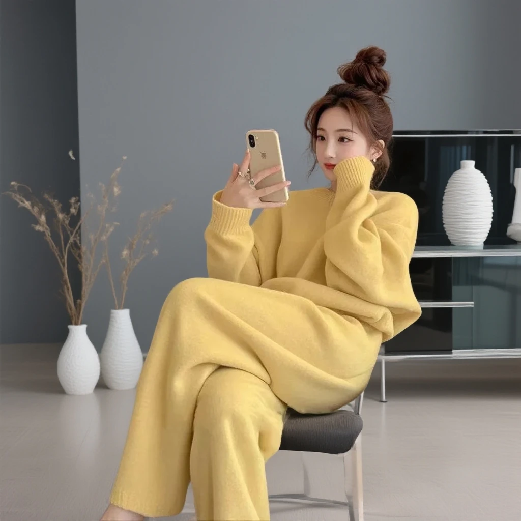 一整套温柔穿搭秋冬高级韩系慵懒松弛黄色加绒加厚套装两件套毛衣