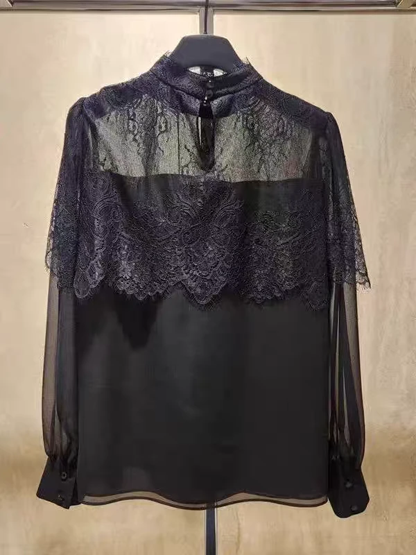 圆领长袖气质蕾丝衬衫小衫