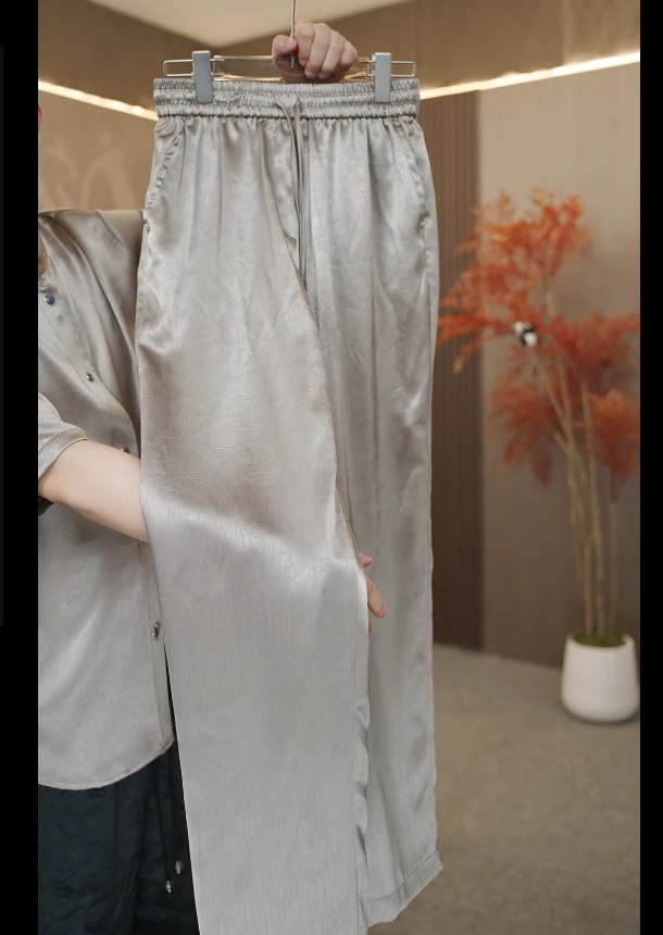 顶奢真丝桑蚕丝缎面中式国风夏季轻薄透气休闲长裤