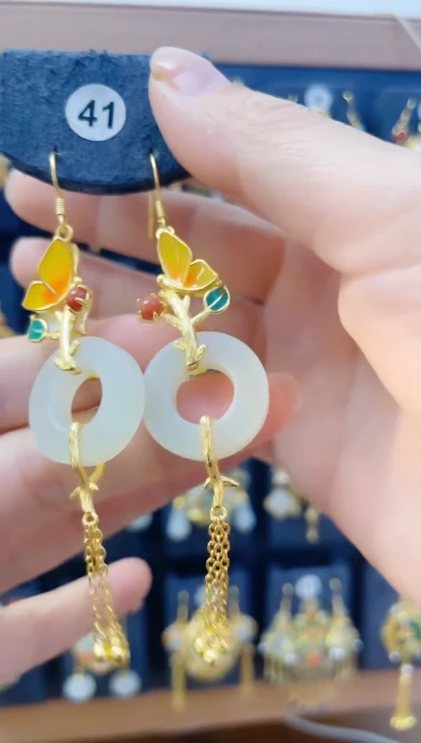 银S925镀金镶嵌和田玉耳饰耳饰