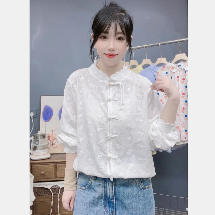 新中式花边领绣花气质国风盘扣衬衫白色春季刺绣绣花衬衣百搭女