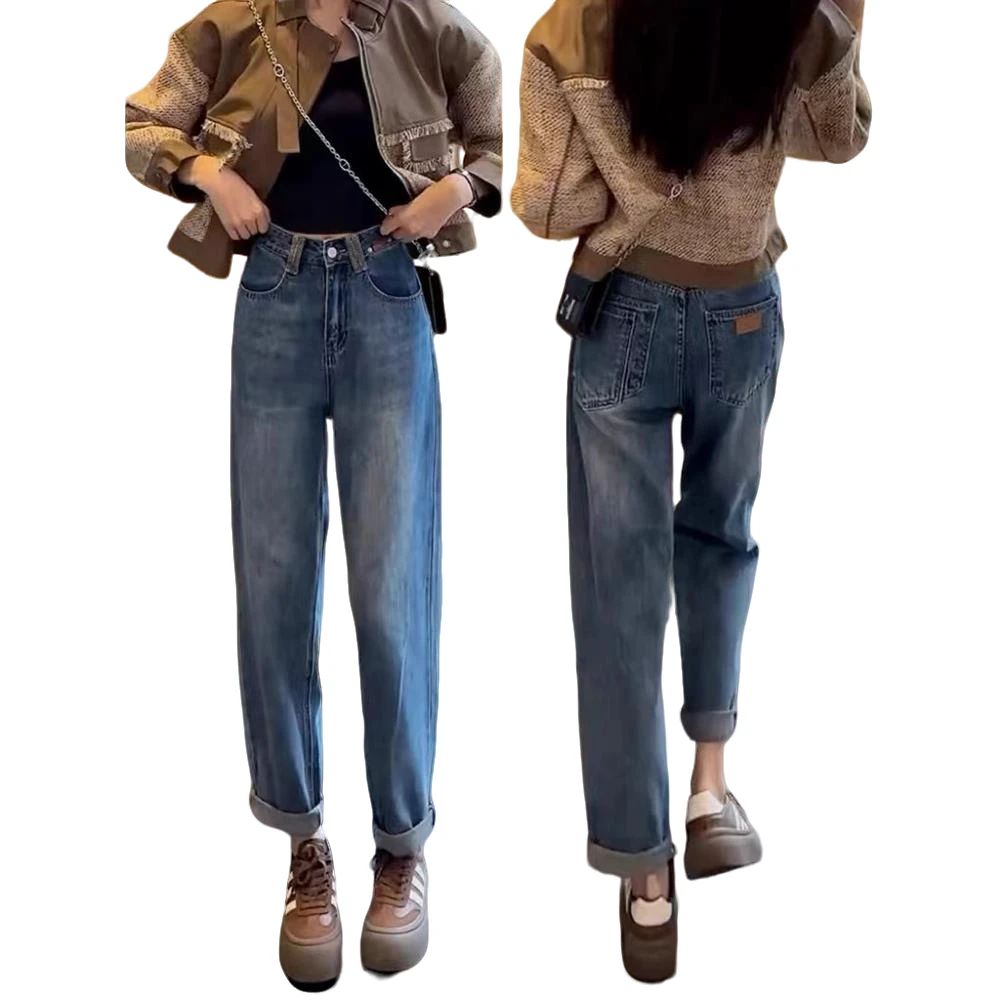 2025秋新款高腰哈伦牛仔裤女胖mm显瘦大码复古宽松九分萝卜老爹裤