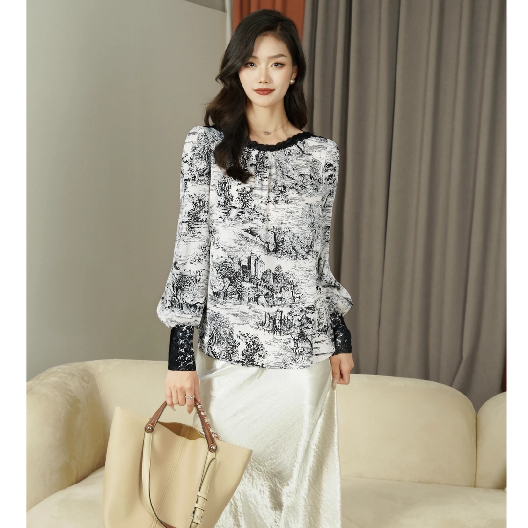 【水墨】原创设计蕾丝一字领印花衬衫早春新款气质通勤上圆领长袖