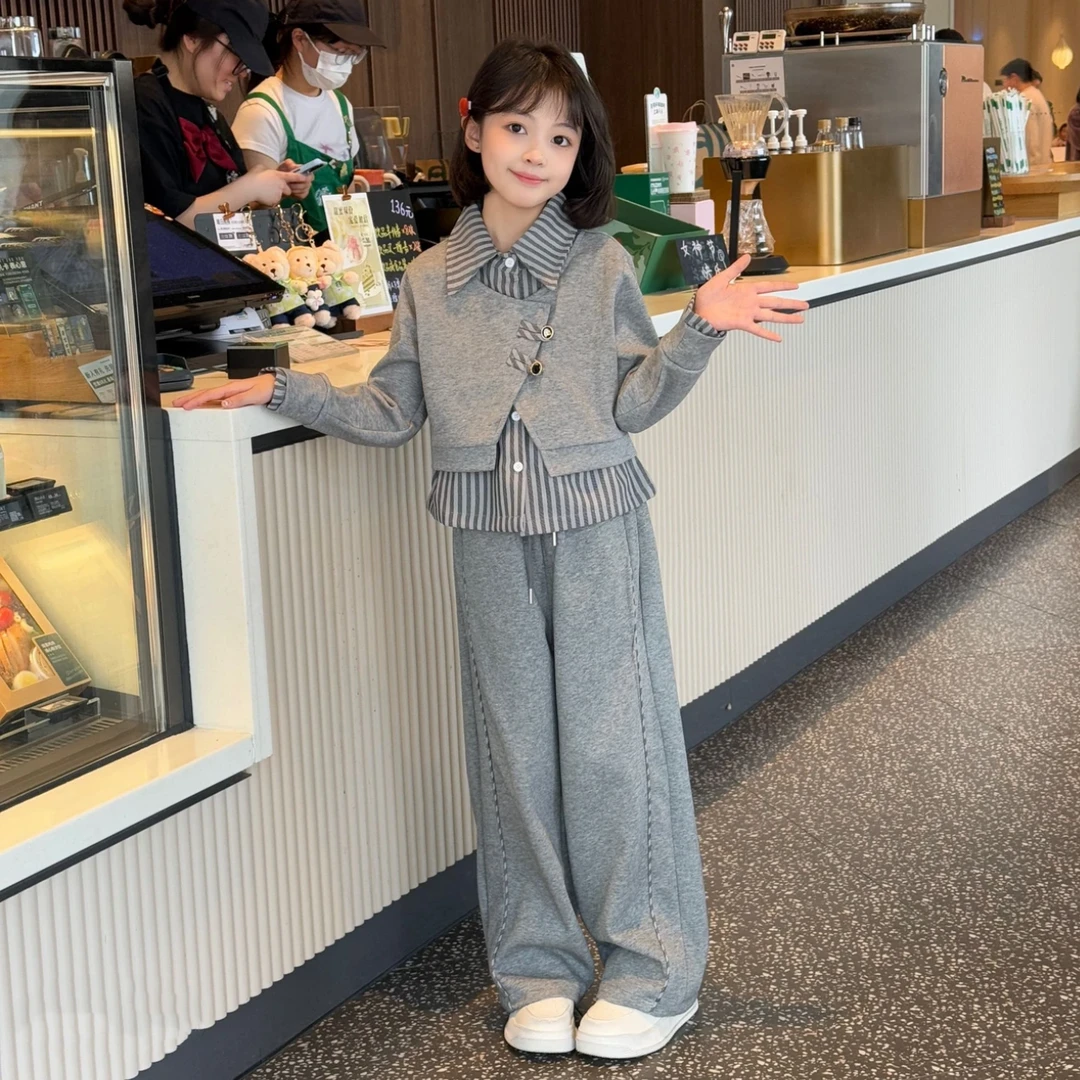 女童秋款拼接加绒条纹衬衫假三件套装2025春秋中大童休闲韩版套装