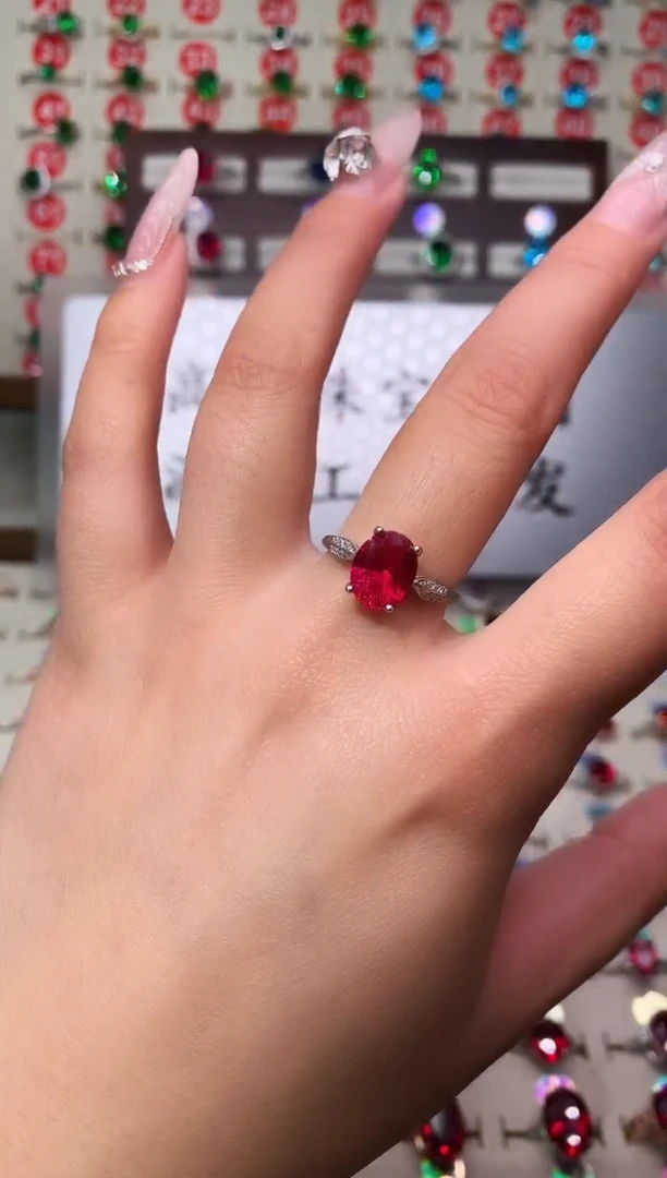 银S925镶嵌戒指红宝石8*10 银托