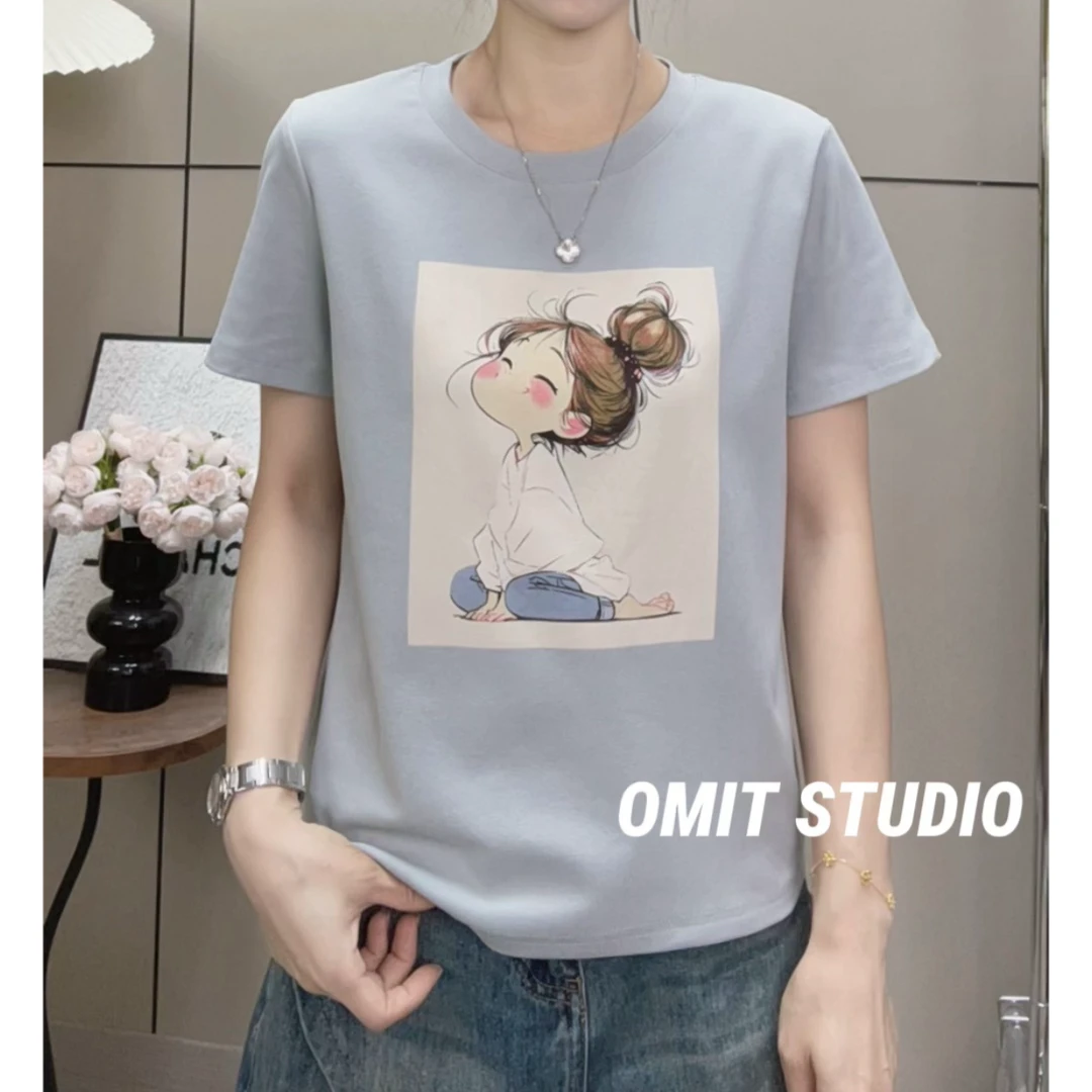 【舒适T】新款浅蓝色t恤女正肩弹力棉透气印花简约百搭减龄短袖