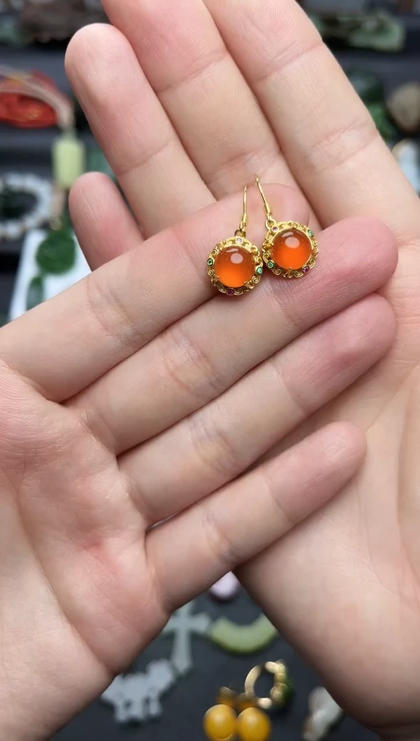 银S925镶嵌耳饰南红玛瑙蛋面耳钩06