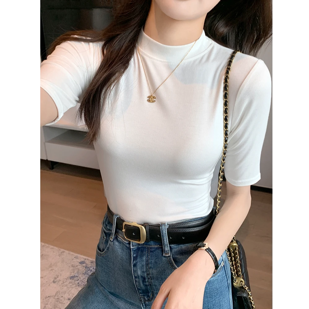 小立领短袖T恤女春秋季薄款2025新款白色打底衫内搭五分中袖上衣