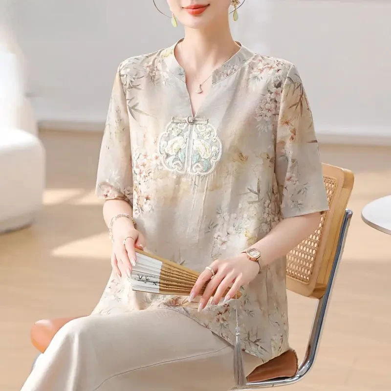 新中式妈妈夏装衬衫时尚洋气套装新款中老年女夏季短袖T恤两件套