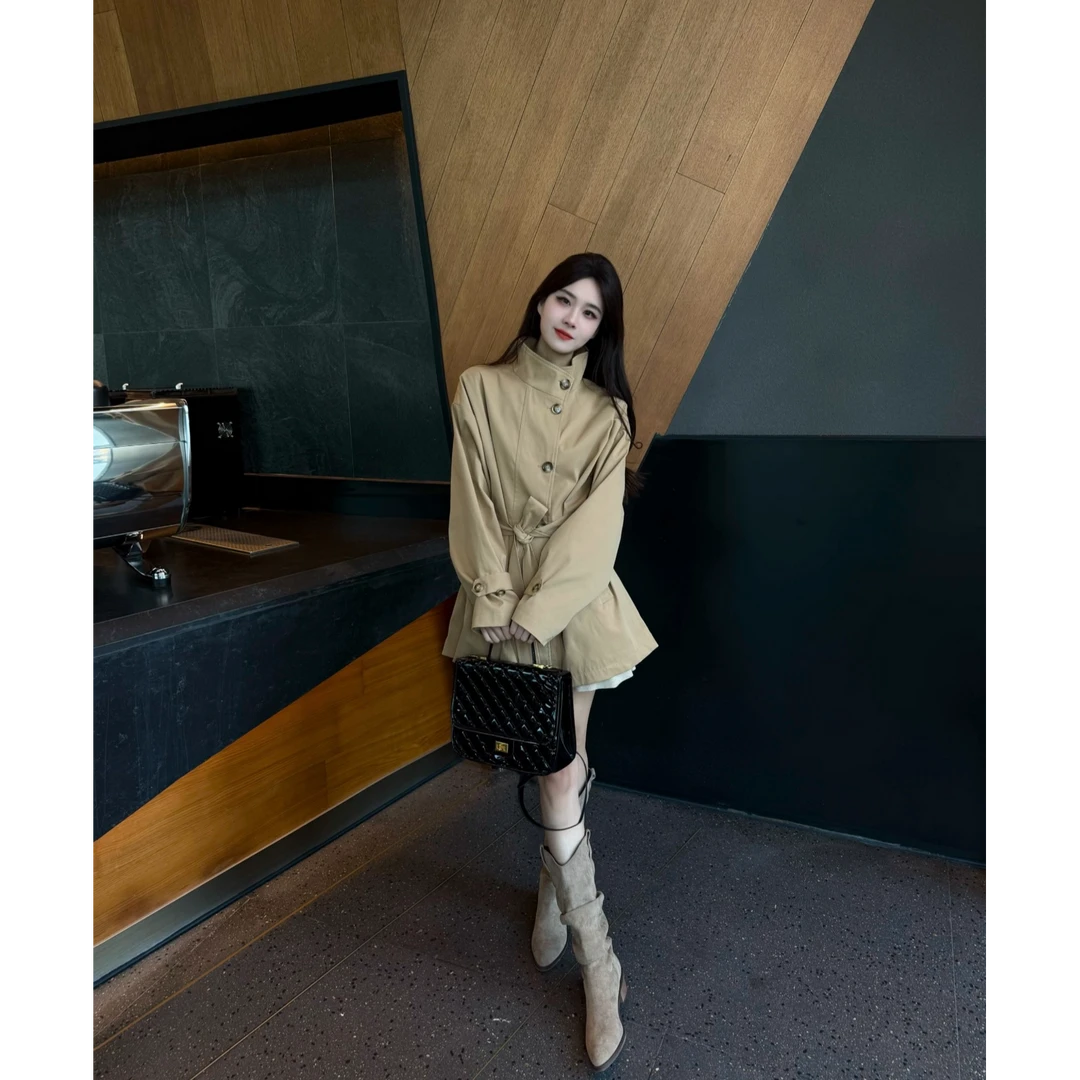 LOSA ROSA春秋季新款韩系休闲垂感宽松短款立领小个子风衣外套女