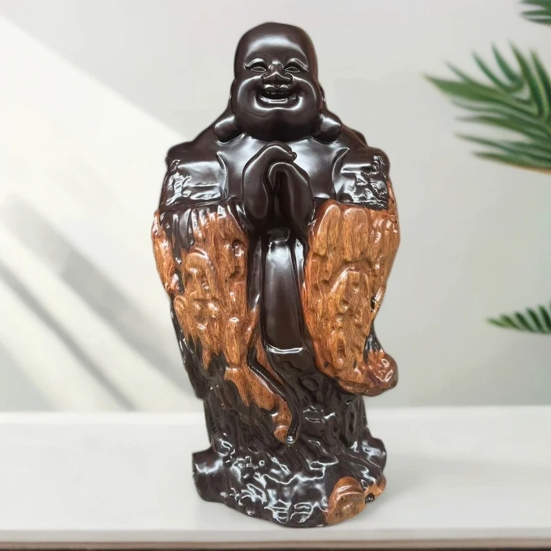 精细雕刻黑檀木恭喜发财笑佛家居客厅办公室花架装饰工艺品