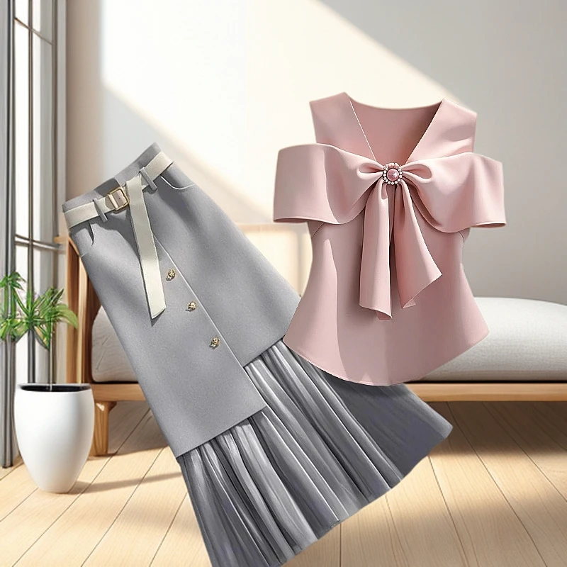 轻奢小众洋气粉色上衣露肩蝴蝶结v领衬衫拼接灰色半身裙两件套装