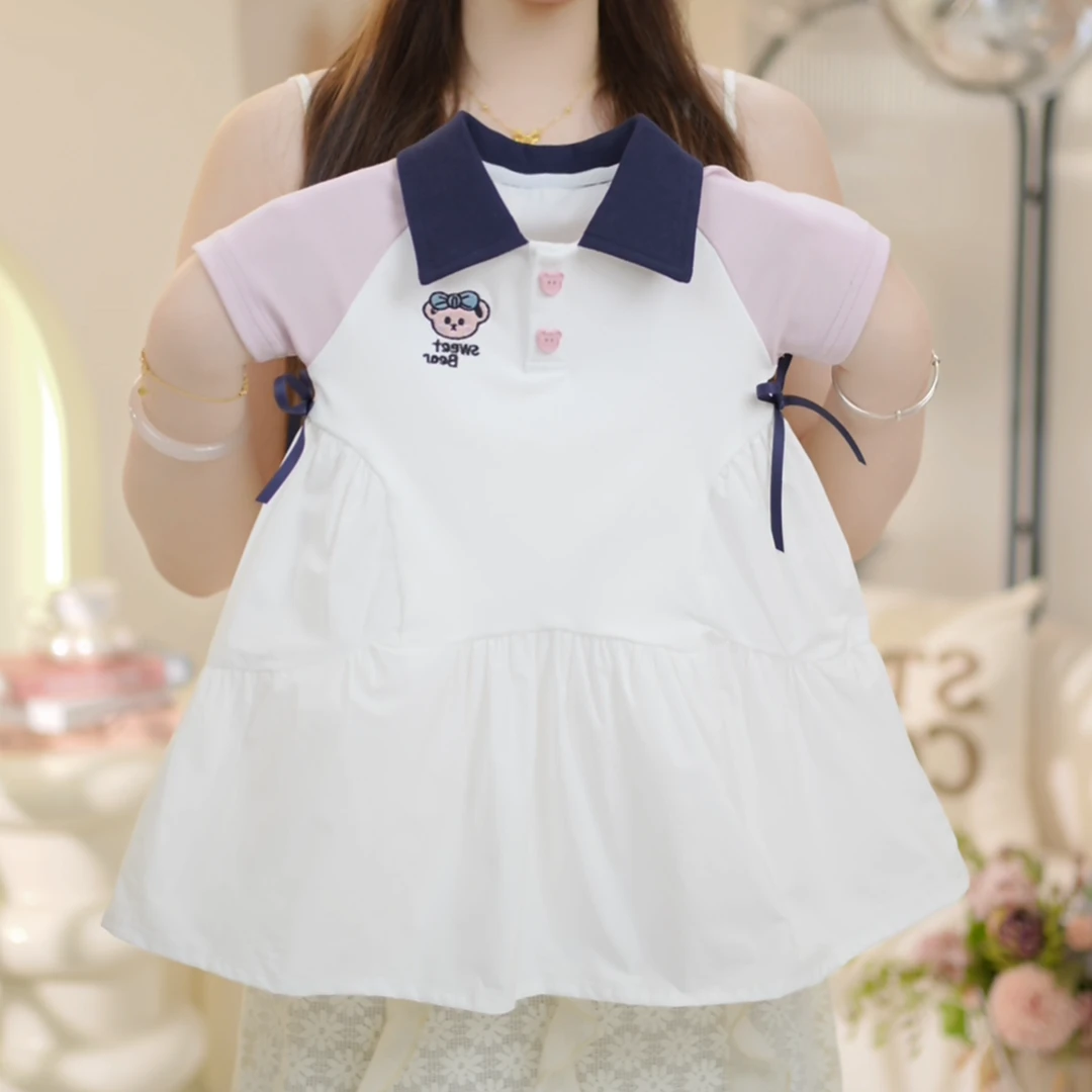女童2025夏季百搭简约polo领拼色卡通小熊纯棉连衣裙C23287