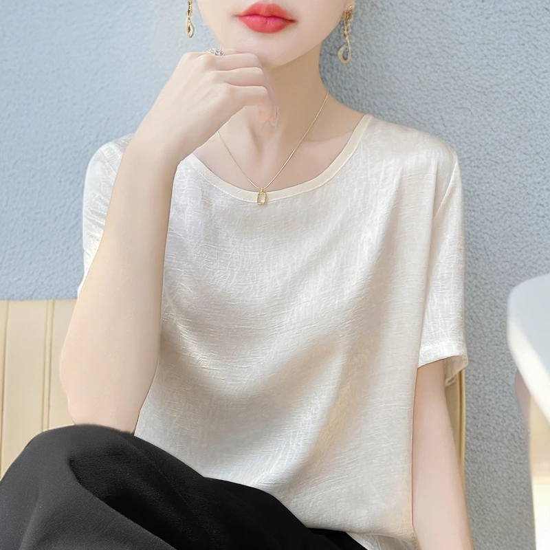真丝短袖女款圆领知性风气质显瘦半袖打底衫2025新款洋气减龄上衣