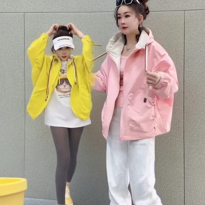 欧货新款拼接撞色风衣外套女韩版宽松慵懒风遮屁冲锋衣潮