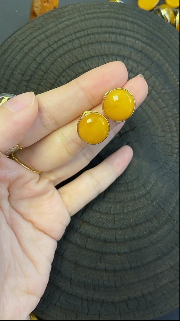 银S925镶嵌蜜蜡耳钉耳拍