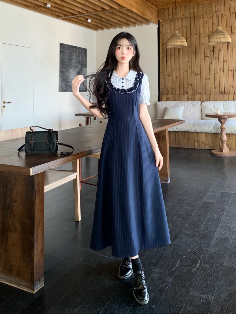 运补法式气质收腰条纹假两件韩系甜美学院风POLO领大码连衣裙夏季