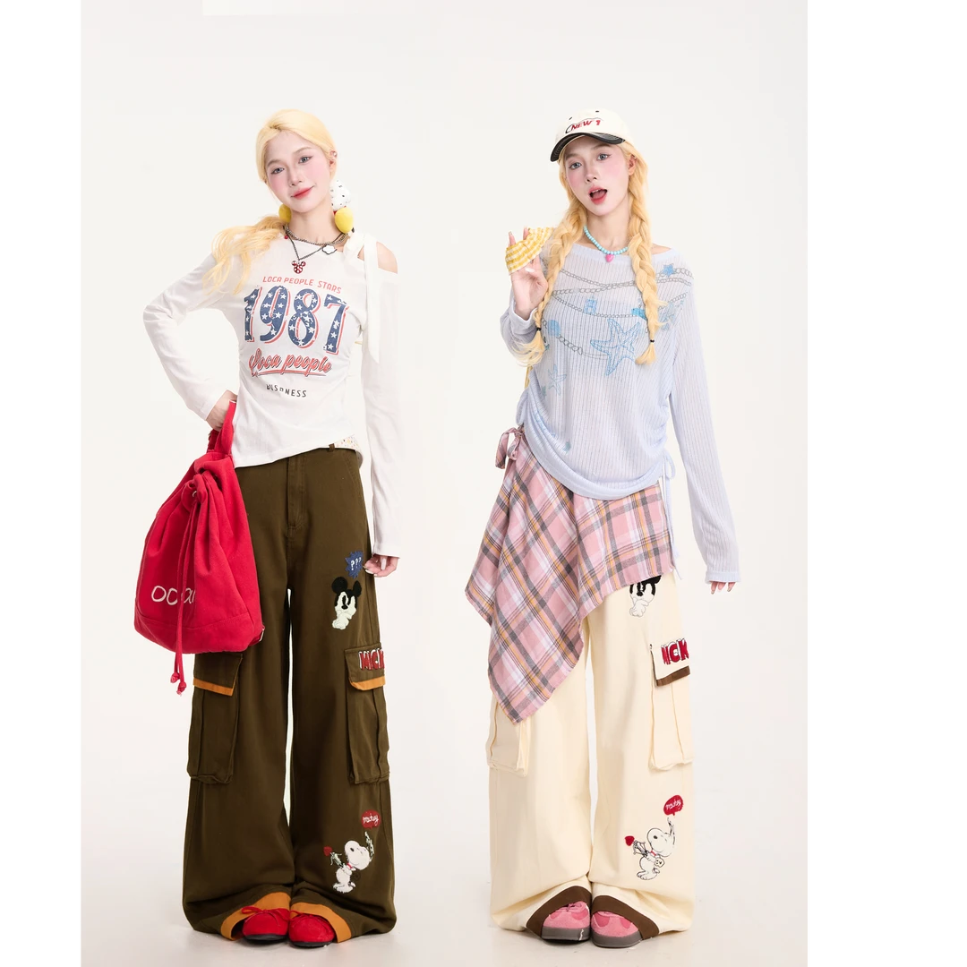 特大码美式复古卡通刺绣多口袋工装休闲裤设计感宽松直筒阔腿裤新