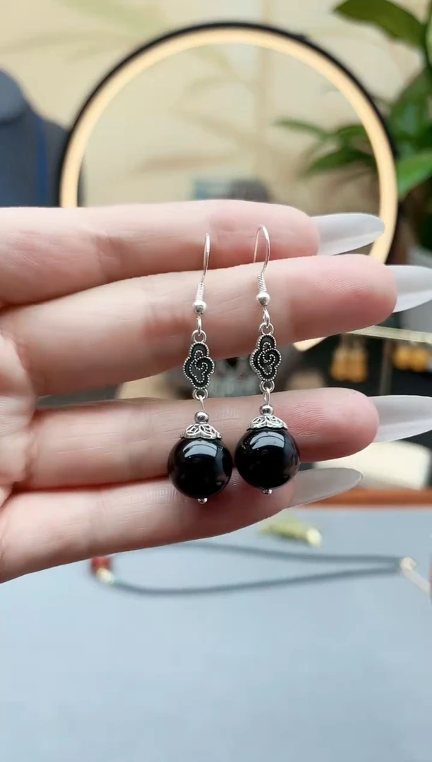 黑曜岩银S925镶嵌耳饰207