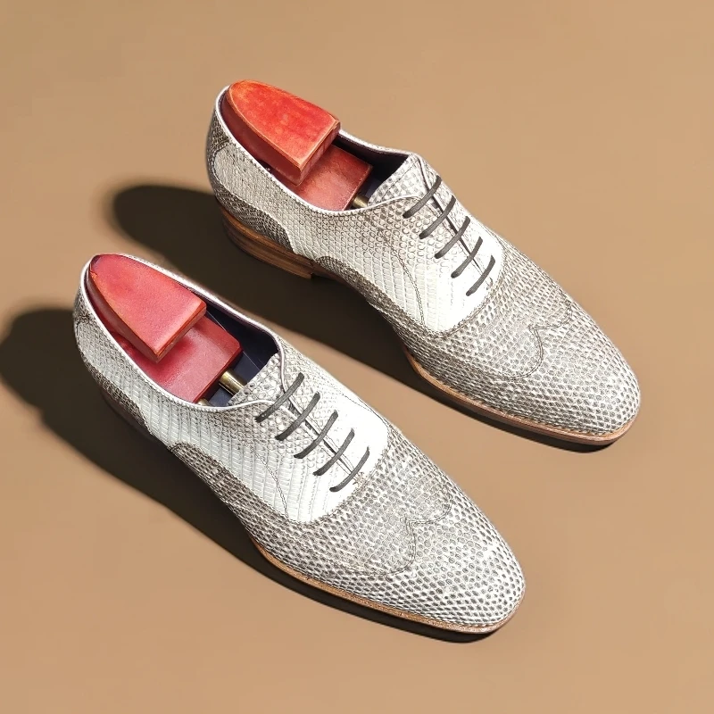 纯手工固特异原花蜥蜴皮男士经典系带牛津鞋老钱风休闲商务皮鞋