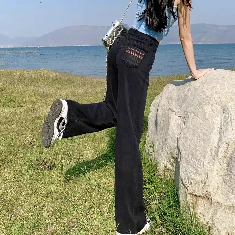 高端天丝牛仔裤女高腰春夏薄款黑色显瘦冰丝垂感窄版直筒阔腿子裤