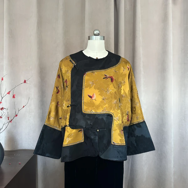 肆时花「蝶愿」香云纱手工太太服新中式中国风复古印花斜襟女士