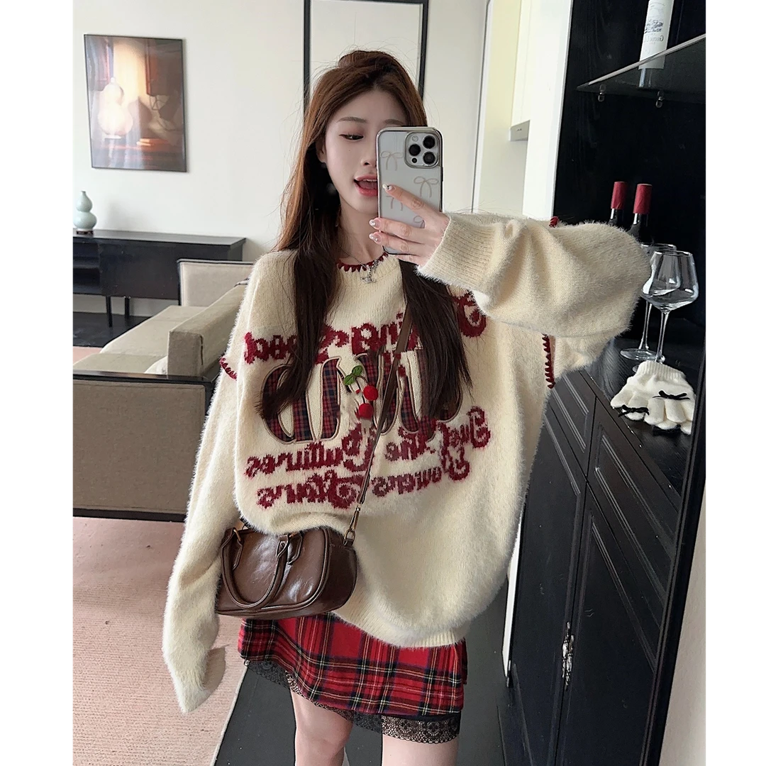 【现货】大码秋冬季大板型刺绣慵懒宽松毛衣上衣1001