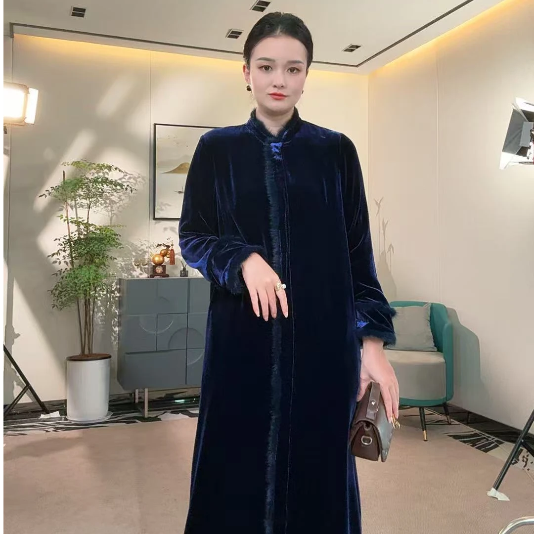 紫蓝色桑蚕丝丝绒长款连衣裙